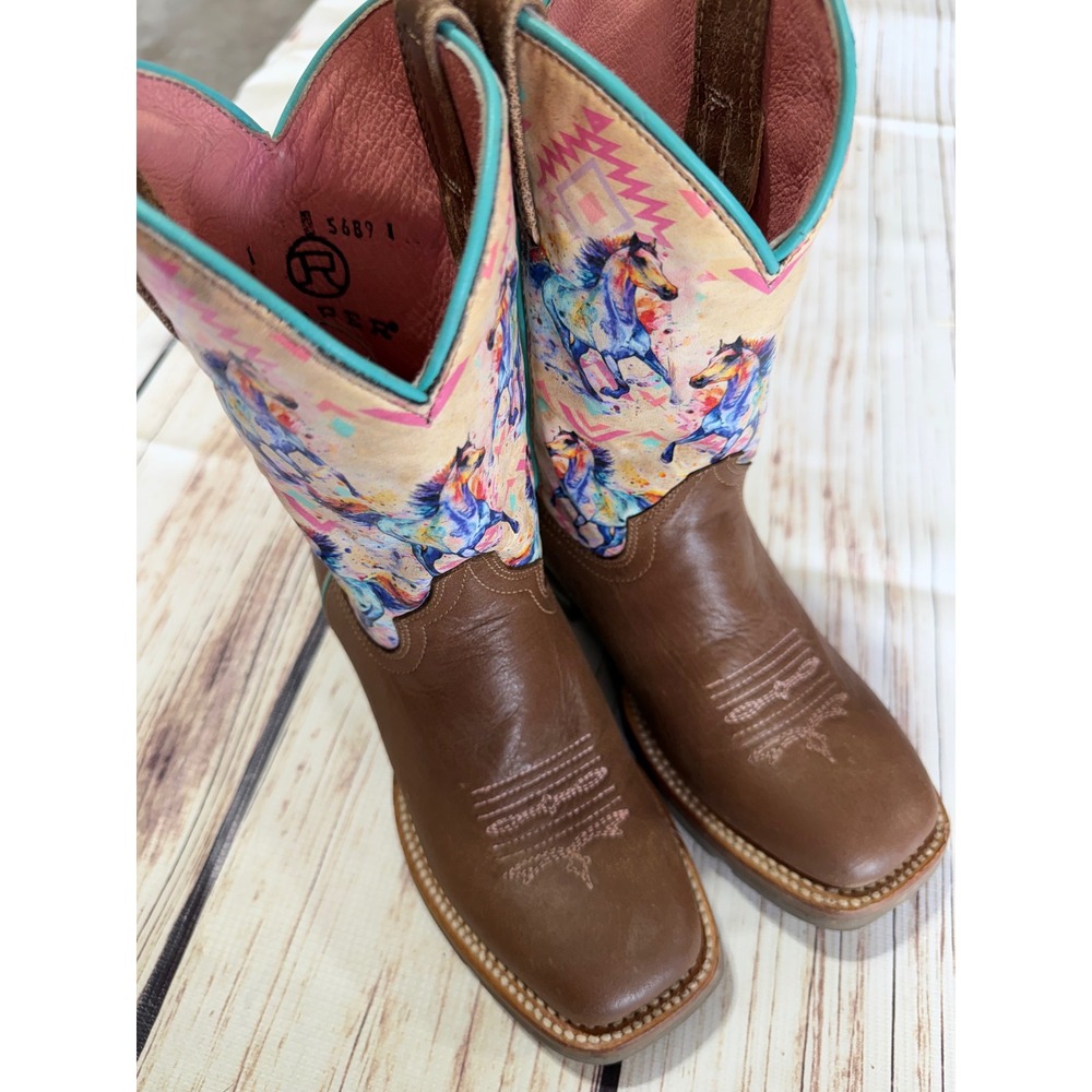 Roper Kids Brown Leather Wild Horse Print Square Toe Western Cowboy Boots Size 1